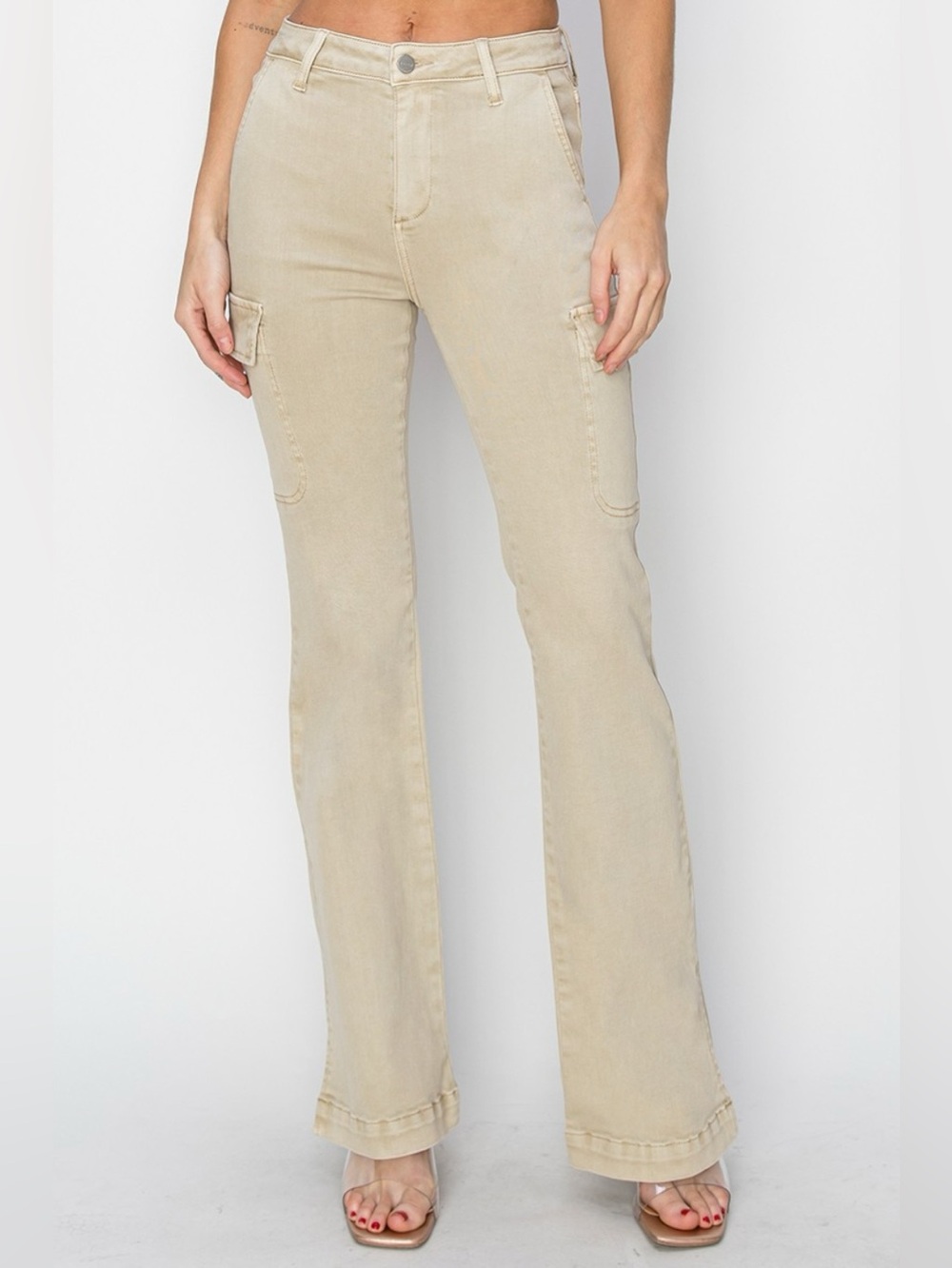 RISEN Full Size High Rise Side Slit Cargo Bootcut Jeans